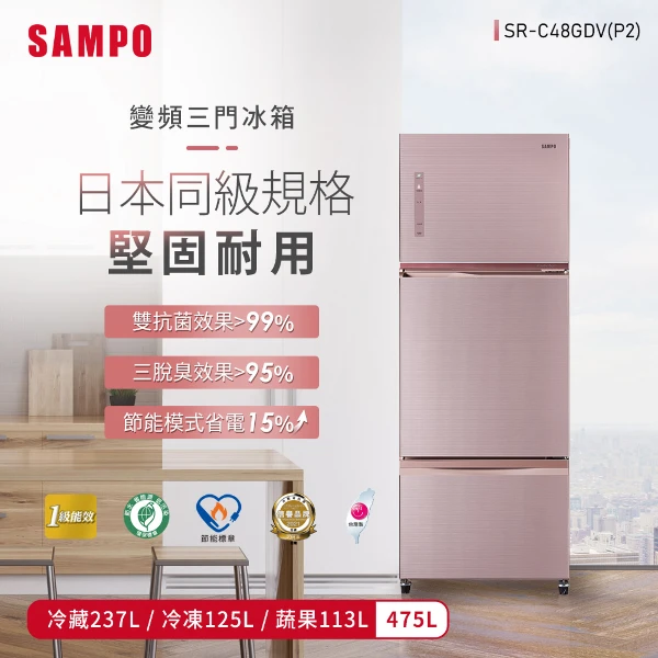 【SAMPO 聲寶】475L星美滿旗艦系列475L變頻三門冰箱-琉璃粉-含基本運送安裝+舊機回收(滿萬送美食鍋)(SR-C48GDV(P2))