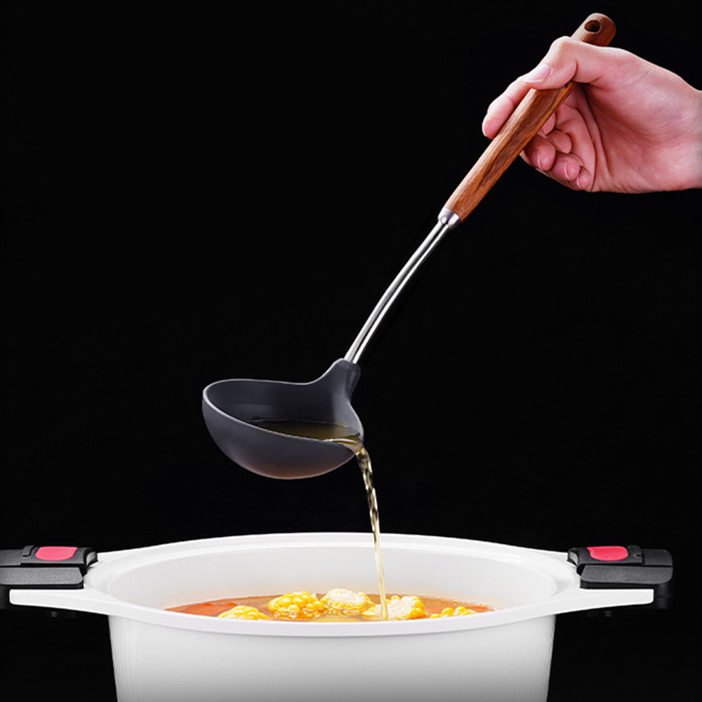 【PUSH!】廚房用品不銹鋼花梨木手柄不粘鍋湯勺耐高溫麥飯石鍋專用湯勺(矽膠湯勺D292-2) - 全聯全電商