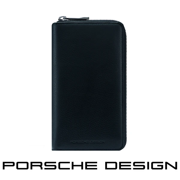 【Porsche Design 保時捷】限量3折 德國頂級小牛皮拉鍊長夾皮夾 全新專櫃展示品(黑色 OSO9915BK)
