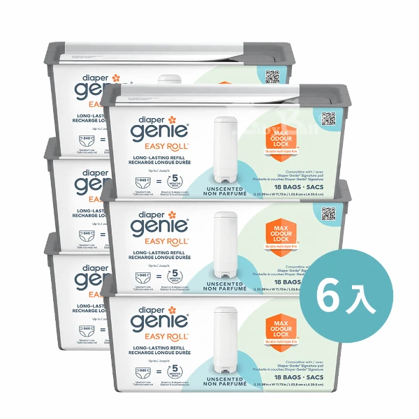 【Diaper Genie】加拿大 Diaper Genie 不鏽鋼 EZ 雙重鎖臭尿布處理器 專用易撕袋補充盒(6入)