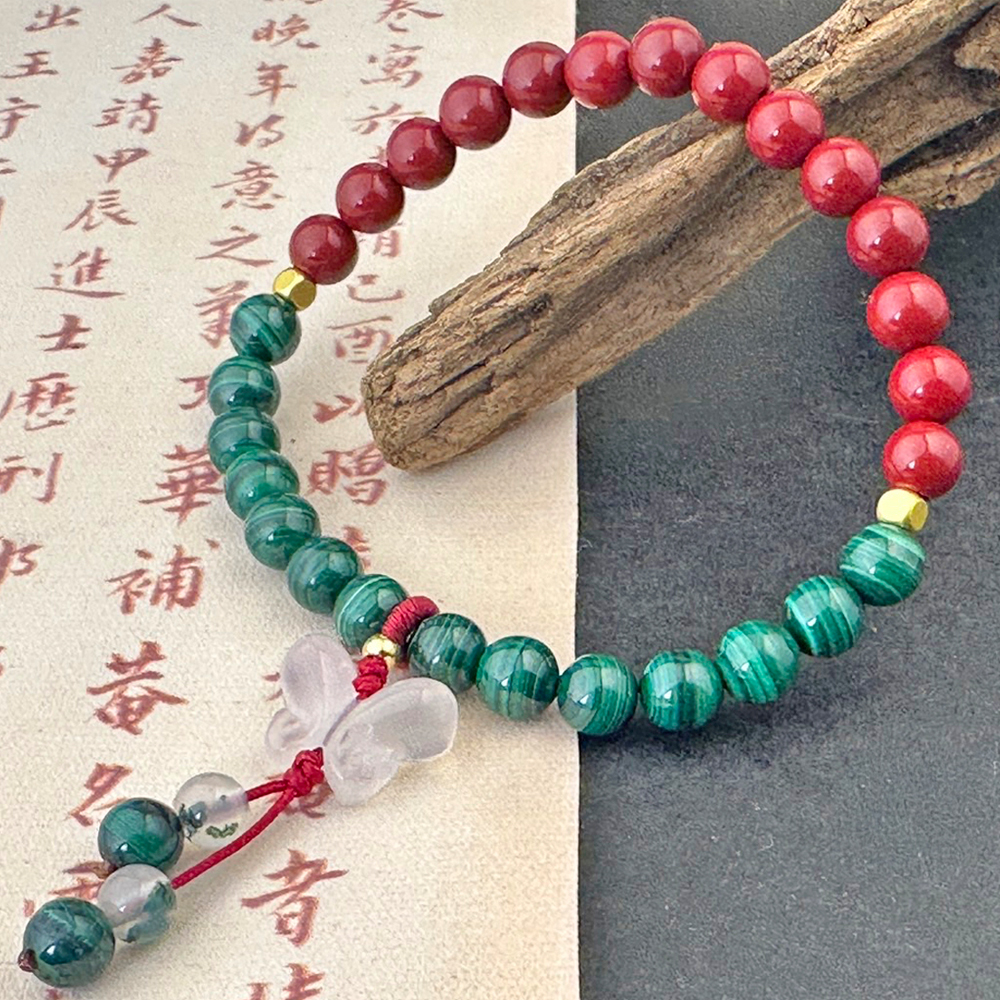 翠緣之韻】孔雀石、硃砂及玉髓吊飾手串(1入/16cm手圍) - 全聯全電商