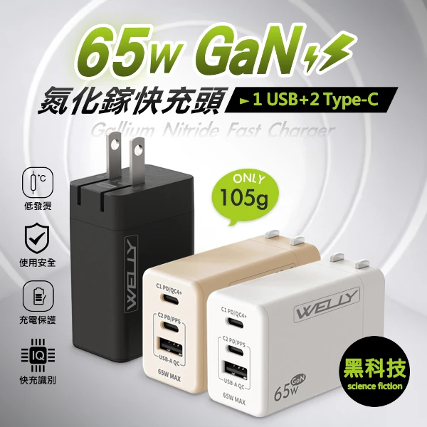 【Welly】65W氮化鎵GaN快充 PD+QC+PPS全兼容 USB-C/A三孔輸出(極速充電器)