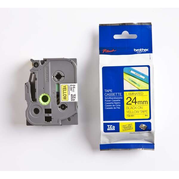 【Brother】兄弟牌 黃底黑字 24mmx8M 標準黏性護貝標籤帶(/ 包 TZe-651)