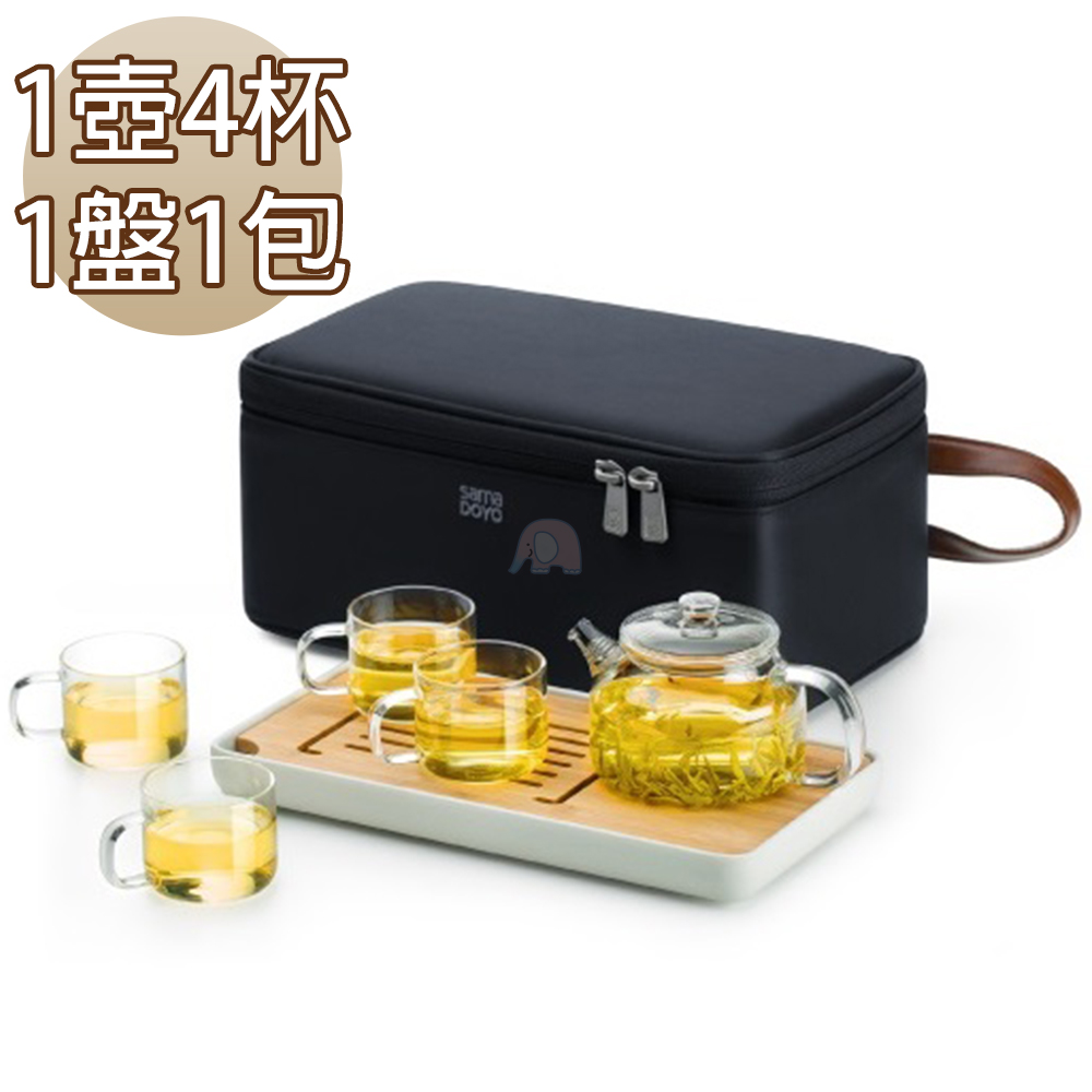 【LINOX】旅行玻璃茶具套裝組-1壺4杯1盤1包(高硼矽玻璃/耐熱水杯/沖泡器杯/旅行茶具組/玻璃杯)(1組)