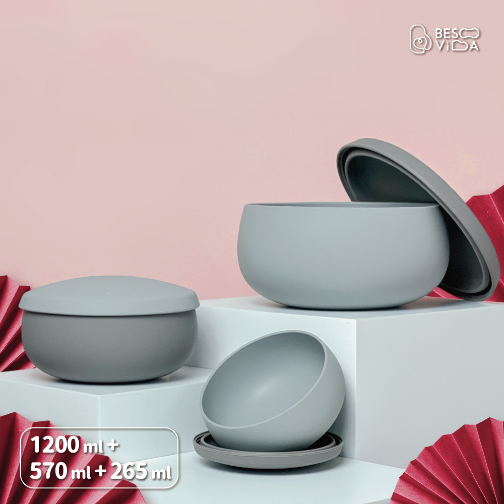 【Besovida】三兄弟全矽膠環保碗 環保碗/便當盒/耐高溫/耐酸鹼/微波/冷凍(胖胖雙 1,200 m + 大雙 570 ml + 小雙 265 ml )