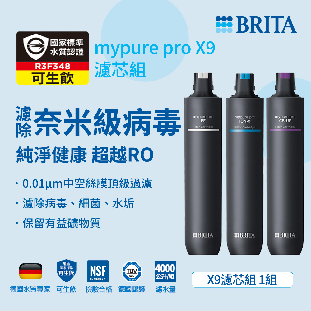 【BRITA】mypure pro X9專用一年份濾心組 前置PF 離子交換樹脂ION-X 超微濾CB-UP(共3支)