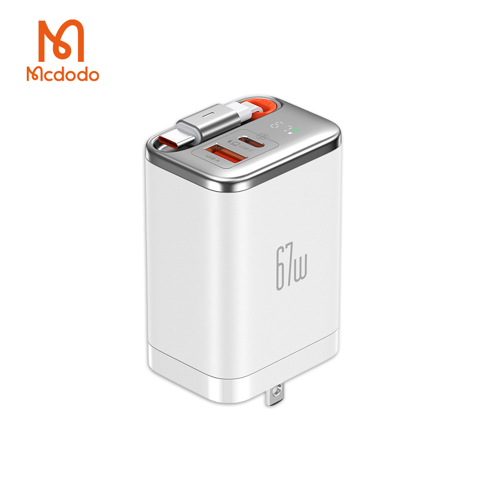 【Mcdodo 麥多多】67W GaN氮化鎵 兩孔1C1A 伸縮線快充充電器/旅充(白色/CH-411)