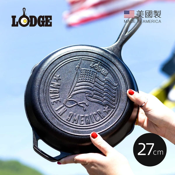 【美國 LODGE】美國製圓形鑄鐵平底煎鍋/烤盤(美國國旗典藏款)-27cm(AmericanFlag/鑄鐵煎盤/鑄鐵煎鍋/L8SKFLAG)