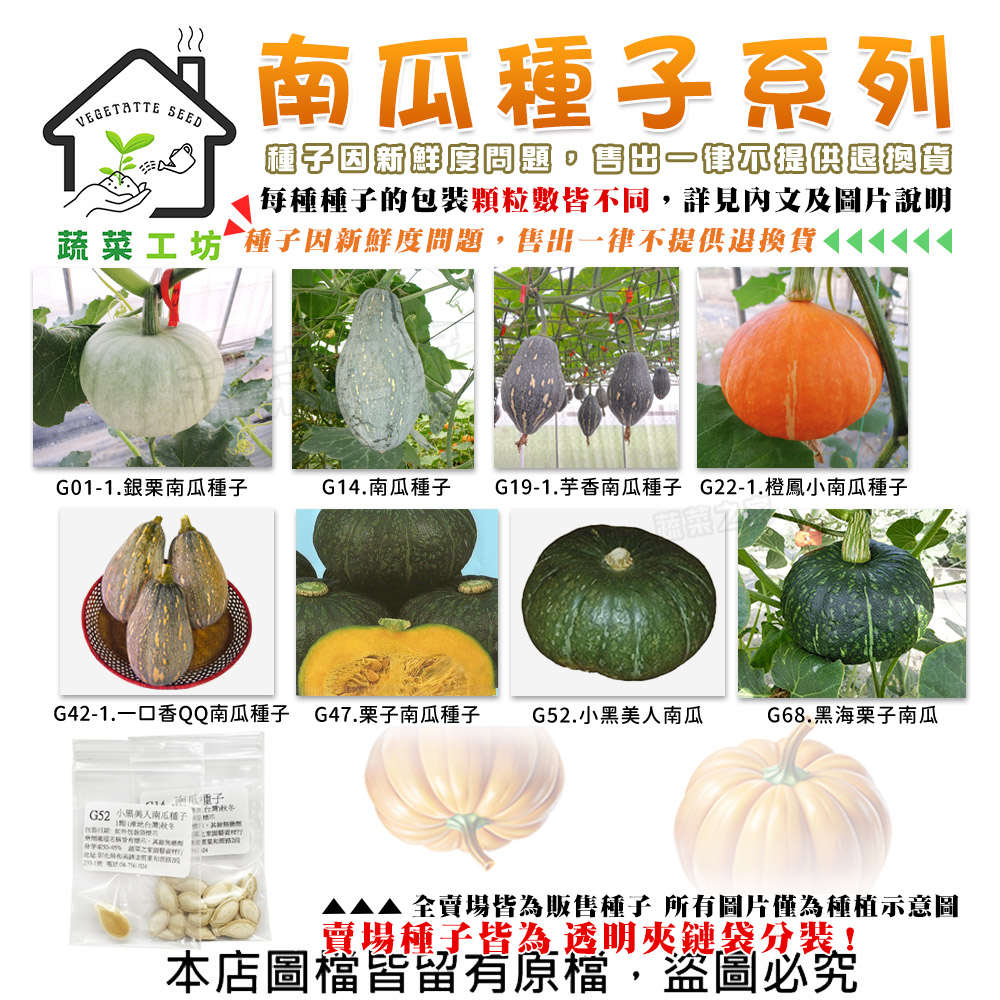 【蔬菜工坊】南瓜系列種子-各包裝數量詳見內文-貝貝南瓜 銀栗南瓜(1包入)