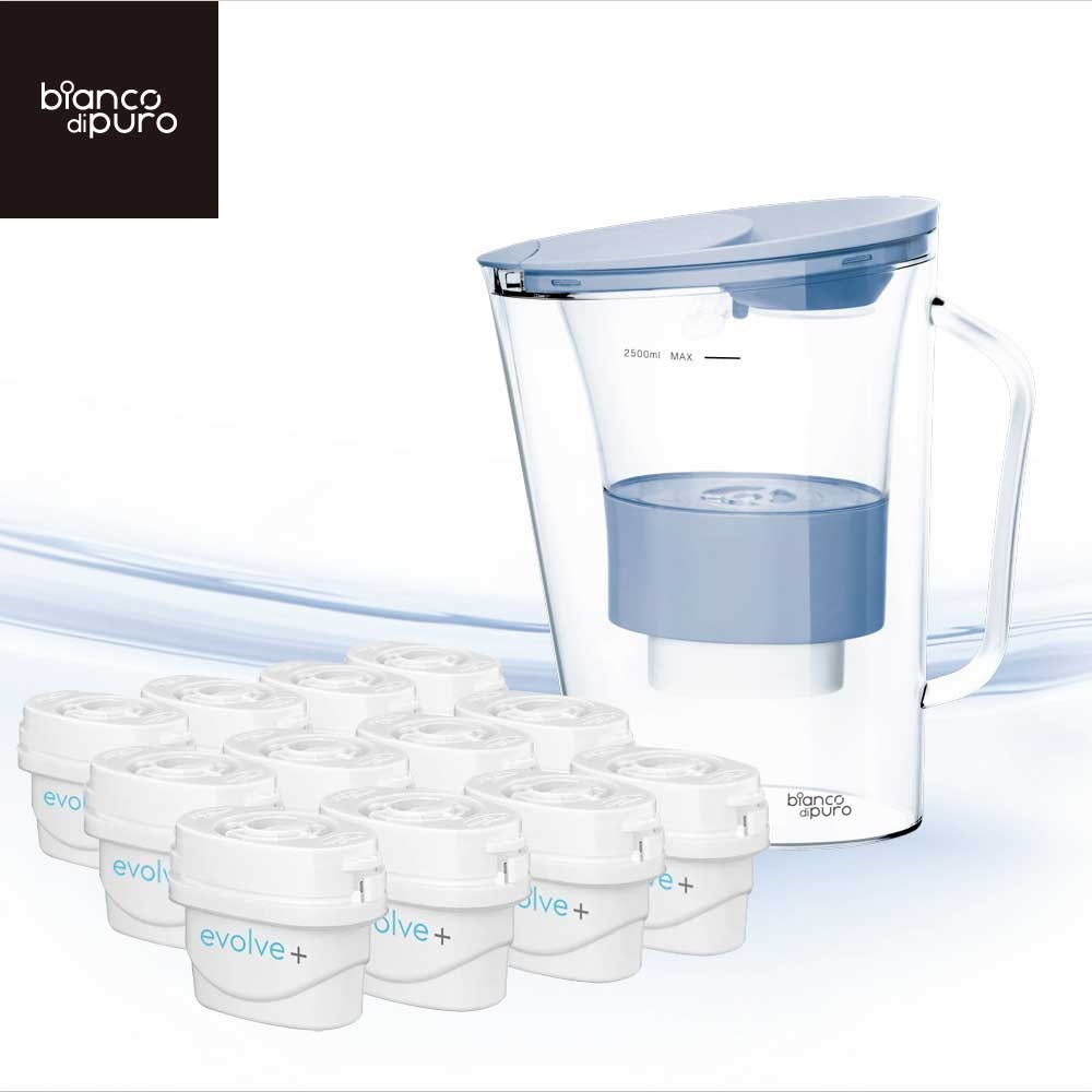 【Bianco di puro 彼安特】Aqualita 五重精濾濾水壺2.5L+英國Evolve濾芯12入(共13芯/適用Brita)(4色任選)