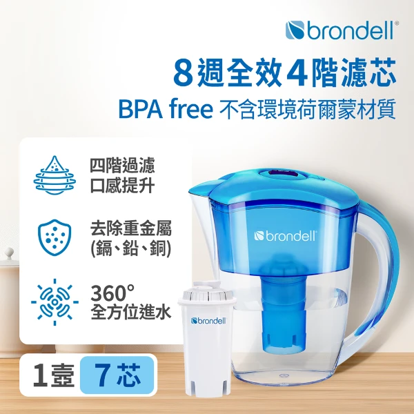 【brondell】【美國邦特爾】H2O+濾水壺(藍)＋7入芯(1壺7芯)