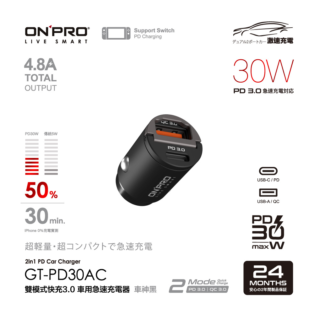 【ONPRO】30W 隱藏式雙模式車用PD快充充電器(GT-PD30AC)