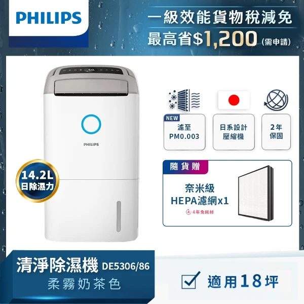 【PHILIPS 飛利浦】14.2L抗敏清淨除濕機 柔霧奶茶 DE5306/86(*贈 奈米級HEPA濾網(FY1120))