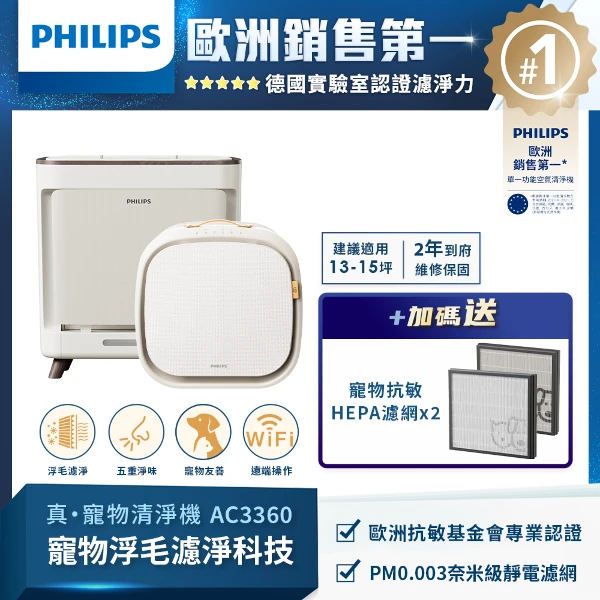 【PHILIPS 飛利浦】毛小奈Lite寵物空氣清淨機AC3360/80+毛小奈抗敏寵物清淨機AC3681/81(*贈 濾網(FY3110/00)(FY3129/00))