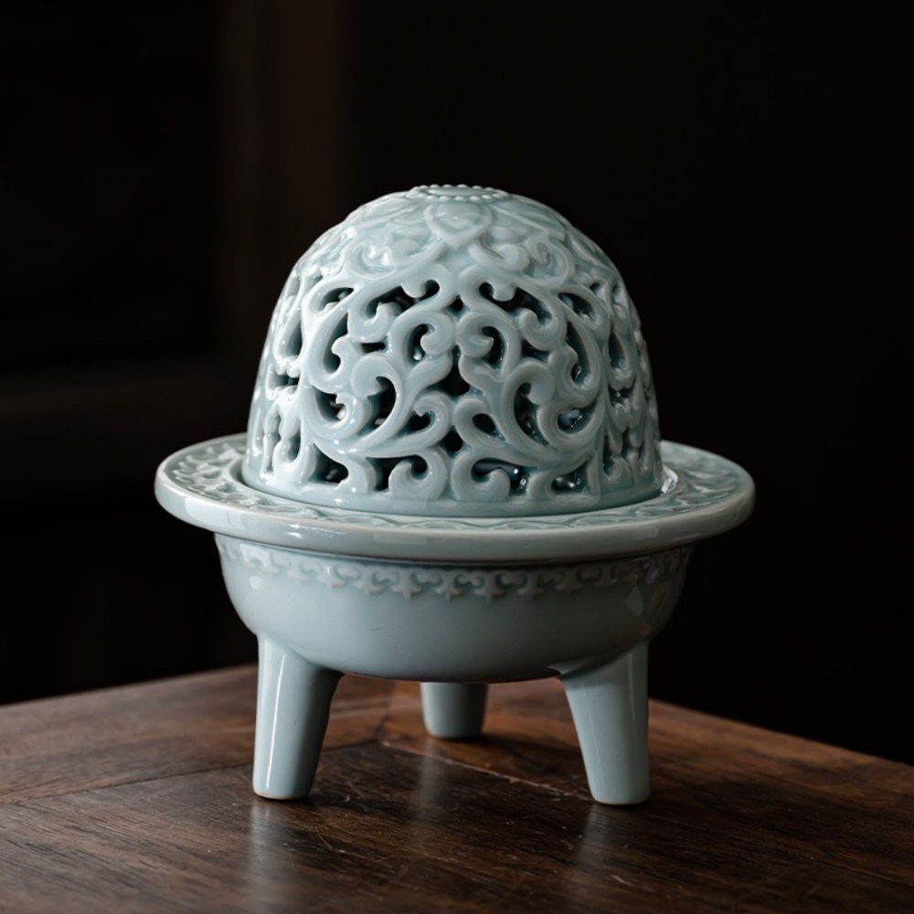 A&R】招財開運青瓷祥雲三足鼎荷影香爐((祈福拜拜淨化除穢臥室用香禮佛
