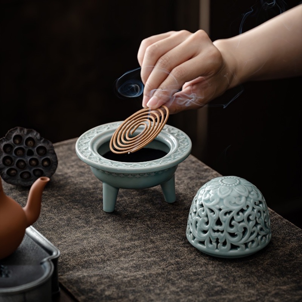 A&R】招財開運青瓷祥雲三足鼎荷影香爐((祈福拜拜淨化除穢臥室用香禮佛