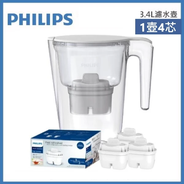 【PHILIPS 飛利浦】AWP2937長效超濾濾水壺3.4L-(內含1芯)+AWP211 專用濾芯(AWP2937-無計時器+濾芯三入)