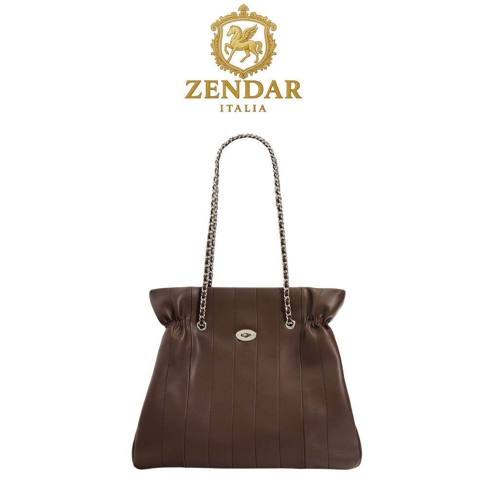 【ZENDAR】台灣總代理 限量1折 頂級小牛皮肩背包 莉娃系列 全新專櫃展示品(咖啡色)