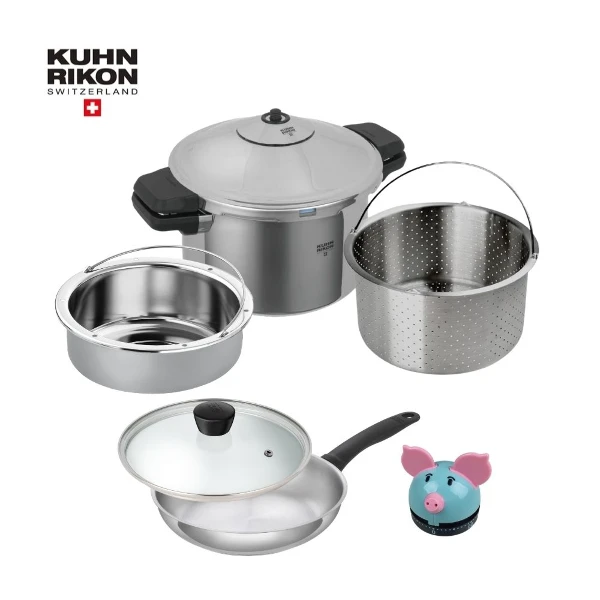 【KUHN RIKON 瑞康屋】瑞士壓力鍋6L減醣鍋(贈 壓力鍋蒸盤24*8cm、不鏽鋼平底鍋典藏款24cm(含玻璃蓋)、彩豬計時器)