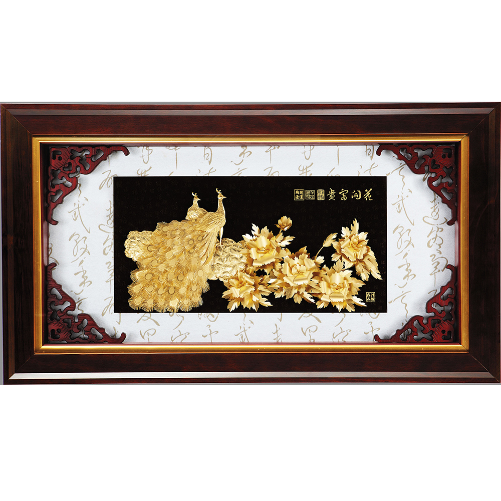 開運陶源】純金*精緻系列*金箔畫牡丹孔雀【花開富貴】(108x61cm) - 全