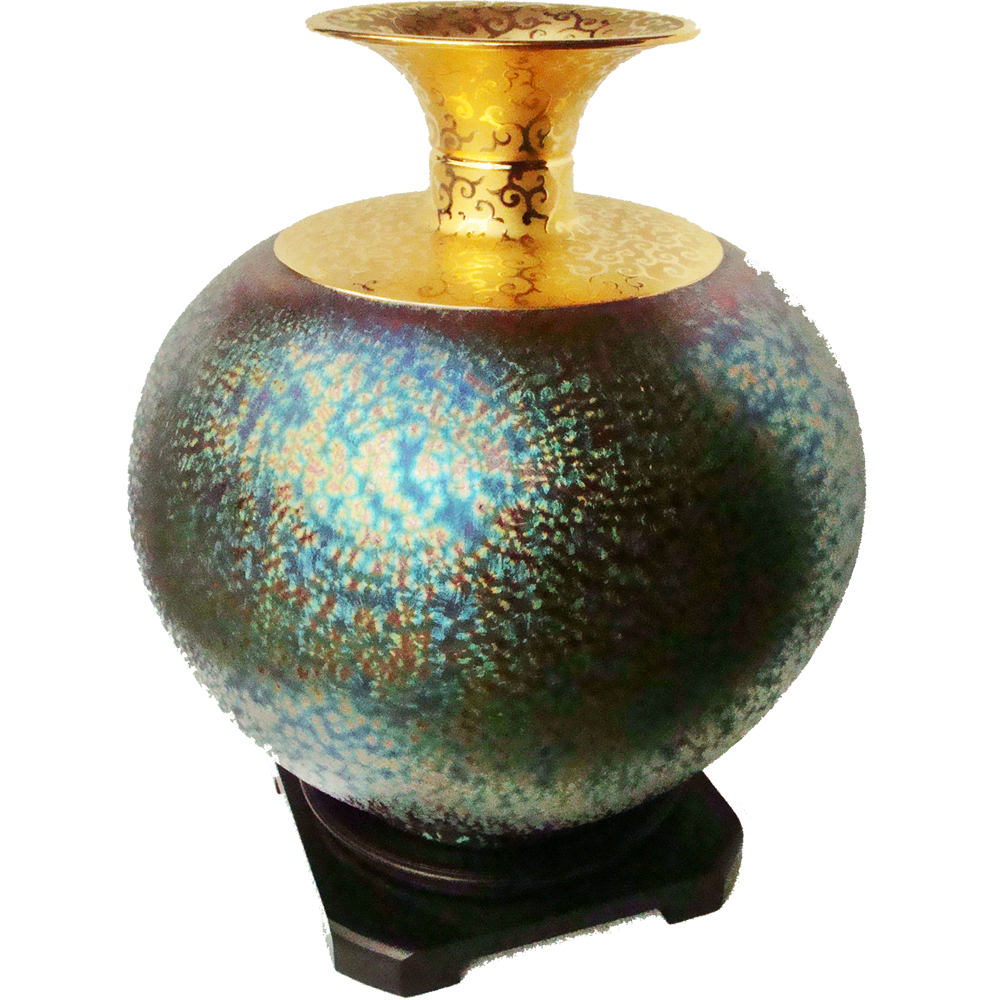 開運陶源】(特大大觀瓶)繽紛人生聚寶盆~郭明本錳七彩結晶釉鎏金瓶(38