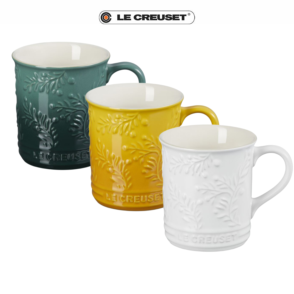 【Le Creuset】橄欖雕花馬克杯400ml((綠光森林/杏桃黃/棉花白))