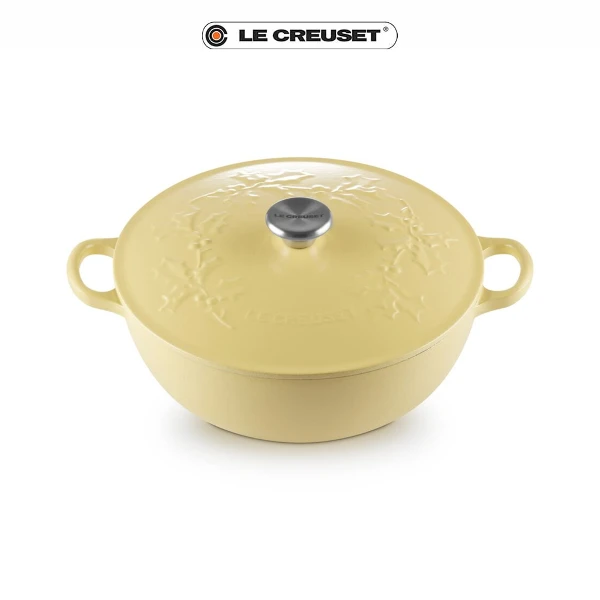 【Le Creuset】媽咪鐵鍋 26cm (歡樂耶誕/含羞草黃) 鋼頭(內鍋黑)