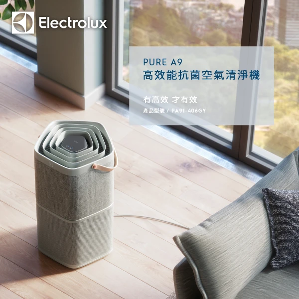 【Electrolux 伊萊克斯】Pure A9 高效能抗菌空氣清淨機 - 適用18坪空間 淺灰( PA91-406GY)