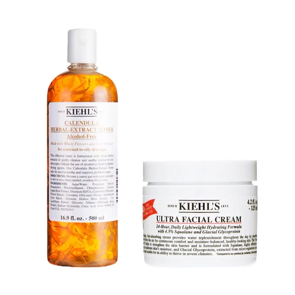 【Kiehl's 契爾氏】(優惠組合) 金盞花植物精華化妝水 500ml+冰河醣蛋白舒敏修護保濕霜 125mL(超強保濕組 航空版)