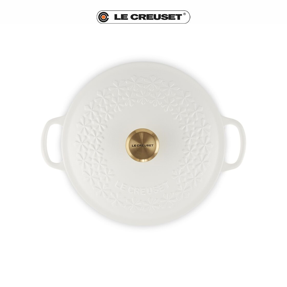 Le Creuset】琺瑯鑄鐵媽咪鐵鍋22cm 內鍋白金頭(縷空雕花/棉花白) - 全