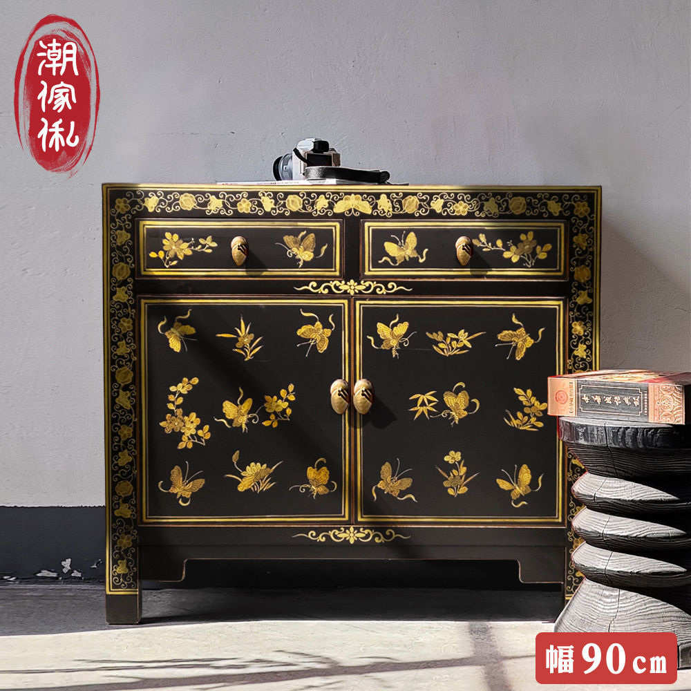 【潮傢俬】金閣描花雙抽雙門楊木收納櫃-幅90cm-風化黑(收納櫃)