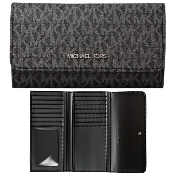 【Michael Kors】滿版銀標 17卡三折防刮中長夾-黑/深灰(mk 黑色 女夾 女長夾 女皮夾)