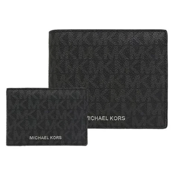 【Michael Kors】燙銀LOGO 雙夾層1+1滿版防刮男短夾-時尚黑/灰(mk 黑色 灰色 男夾 男皮包 男女通用)