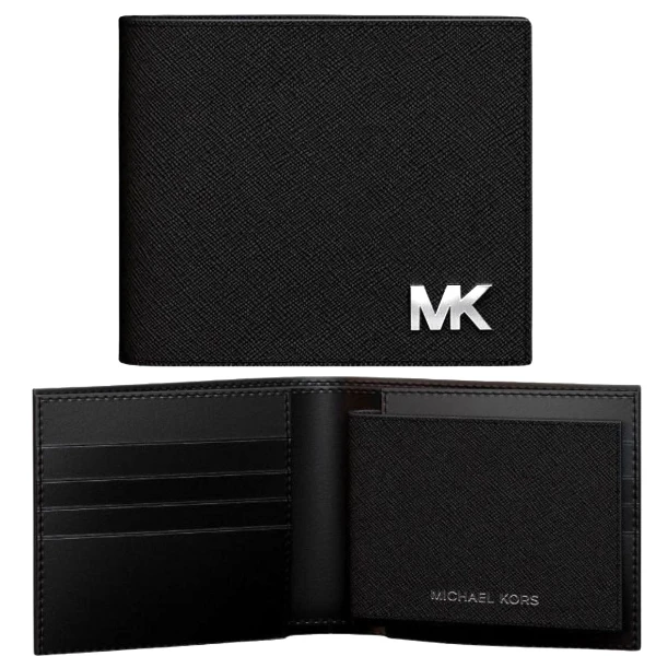 【Michael Kors】立體LOGO 1+1防刮男短夾-時尚黑(mk 黑色 灰色 男夾 男皮包 男女通用)