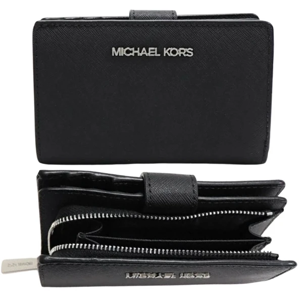 【Michael Kors】銀標LOGO附零錢袋防刮中夾-氣質黑(mk 黑色 女夾 女皮夾 女用皮夾)
