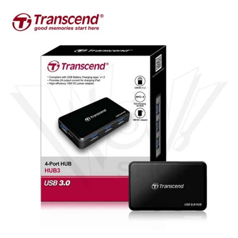 Transcend 創見】創見極速USB 3.1 4埠HUB 集線器附變壓器(HUB3) - 全聯