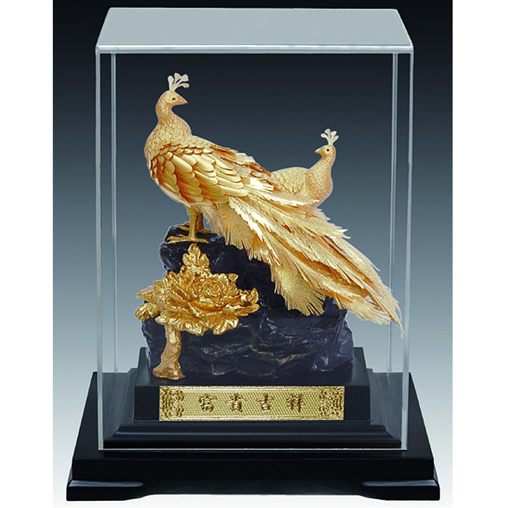 平安 金工師 三世 蔵六 造 鍍金 鳳凰型 置物 開運陶源】招財純金箔禮品~~雞鳳凰【天賜良緣鳳凰于飛富貴吉祥】小櫥窗