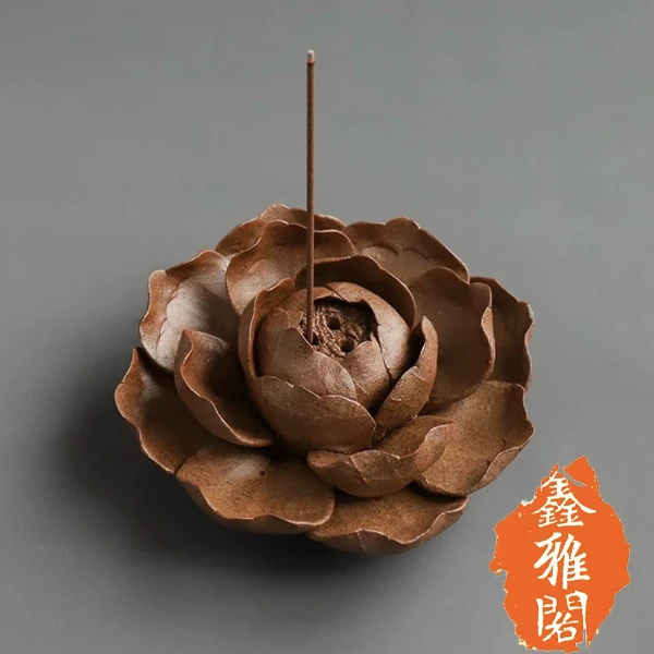 手工蓮花倒流香線香座(附木頭底座) (1組/12x12x5.5cm)