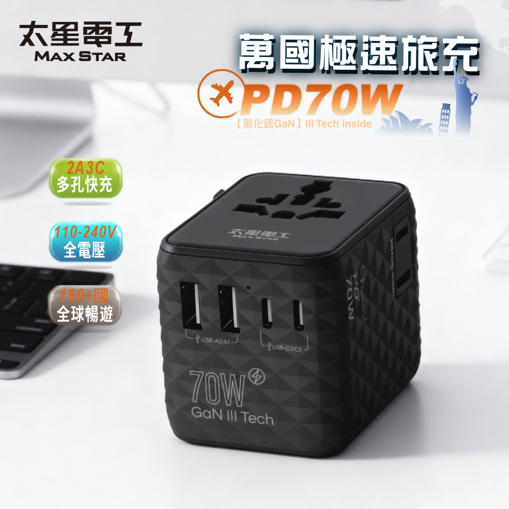 【太星電工】【太星電工】氮化鎵PD70W高速快充旅行轉接座｜多口充電器｜萬國插頭｜出國旅遊｜全球適用(AA306)