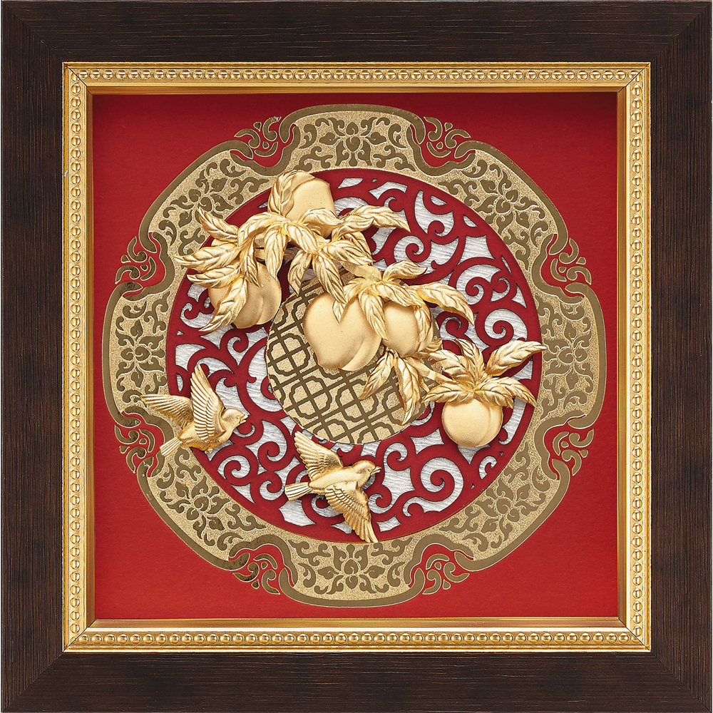 開運陶源】金箔畫純金圓形窗花系列福祿壽桃【桃李滿門】(21x21cm) - 全