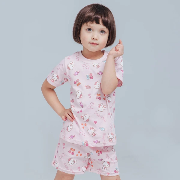 【ONEDER 旺達】三麗鷗 Hello Kitty 短袖兒童睡衣 凱蒂純棉居家套裝 家居服(1套)