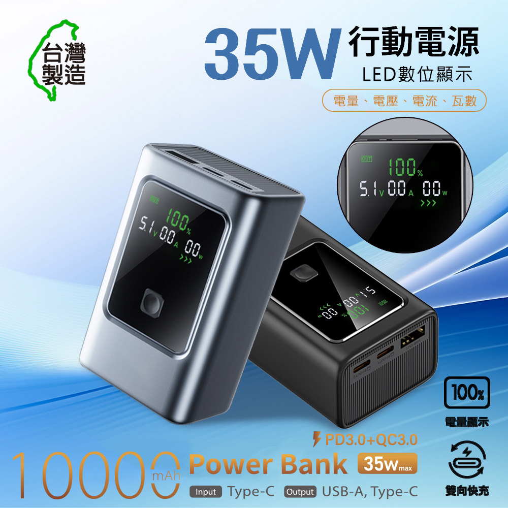 【MCK】台灣製造 10000mAh 35W數顯快充行動電源(數顯電量、電壓、電流、瓦數)