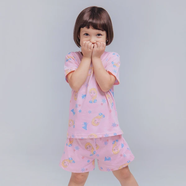 【ONEDER 旺達】冰雪奇緣艾莎 短袖兒童睡衣 純棉居家套裝 家居服(1套)