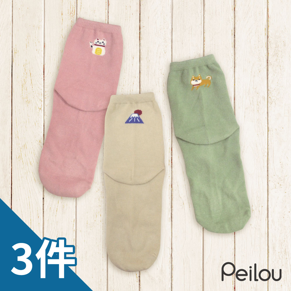 【Peilou】貝柔 3入組-抑菌消臭3/4長襪-3款日本圖案(22-26cm)