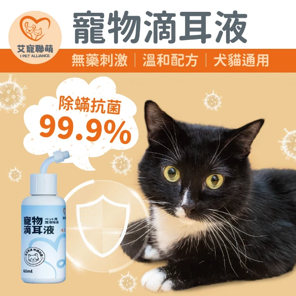 【艾寵聯萌】寵物滴耳液60ml 42入/箱(SGS認證 貓狗通用 耳道護理 耳朵清潔 犬貓保健 動物醫院 貓咪洗耳水 狗狗清潔液)