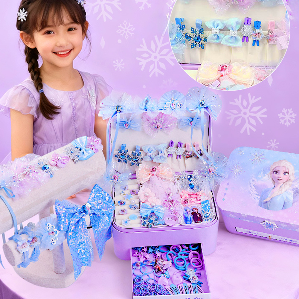 【Disney 迪士尼】冰雪奇緣系列-髮飾禮盒150件套(紙盒)(髮夾 髮圈 戒指 髮繩 生日禮物 女孩禮物 兒童禮物)