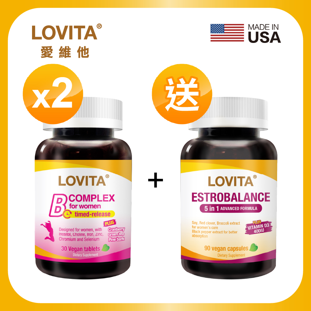 【LOVITA 愛維他】女性新型緩釋美妍活力B群*2瓶(共60錠)+大豆異黃酮(90顆)效期2026/07(共150顆)