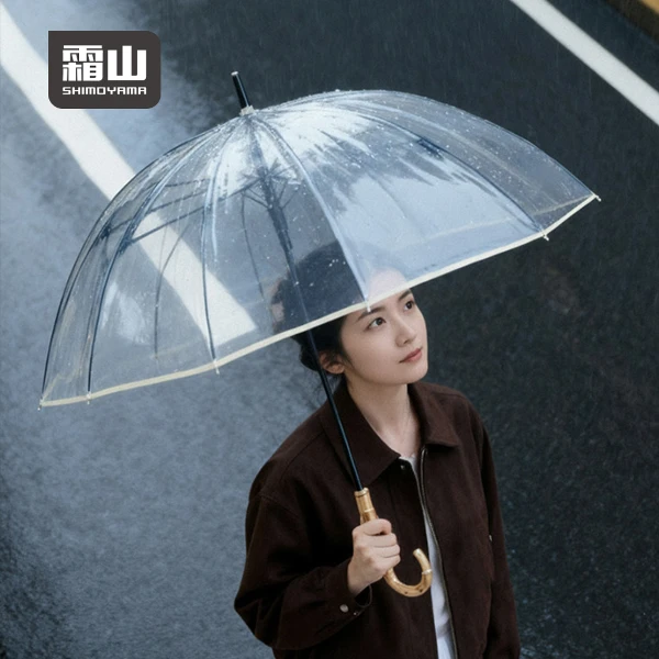 【日本霜山】防潑水速乾復古竹柄12骨防風雨傘-多色可選(透明傘/竹柄傘/復古雨傘)