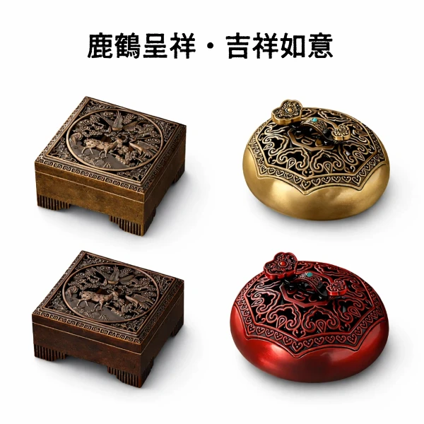 【A&R】招財開運 鹿鶴呈祥 吉祥如意鏤空香薰爐附葫蘆香插 (祈福 淨化除穢 防灰香盤 禮佛供香 擺件)(一入)