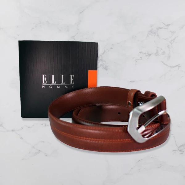 【ELLE】HOMME 頂級鋅合金休閒皮帶 棕色 107064(寬3.5cm)